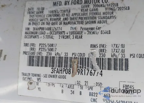 2009 Ford Fusion Sel из США, поврежденный, VIN 3FAHP08149R176774